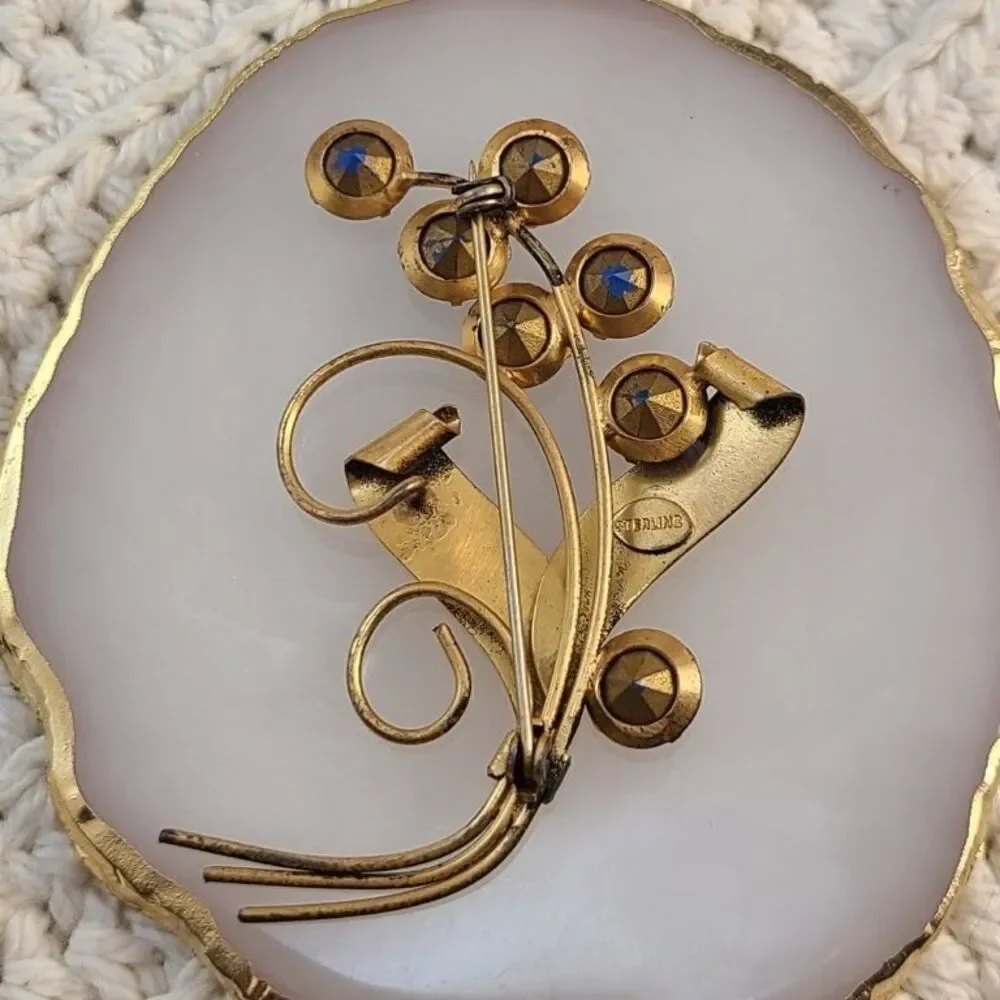 Vintage Art Deco Sterling Silver Vermeil Blue Rhinestone Flower Pin Brooch Large